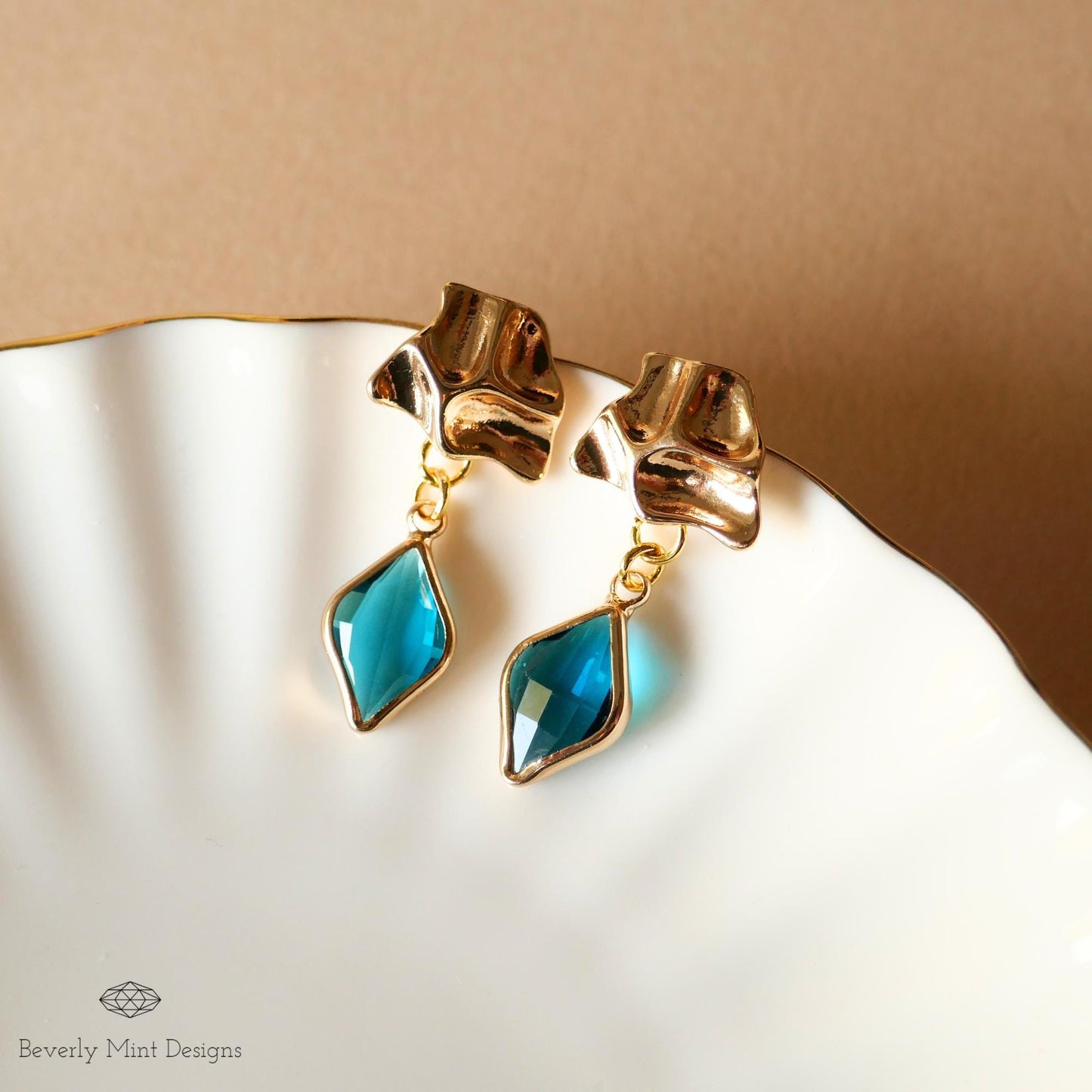 Gold Sculptural Earrings, Blue Gemstone Dangle Earrings, Modern Statement Jewelry for Women