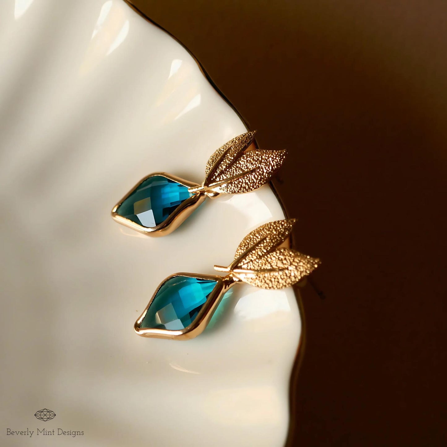 Gold Leaf Earrings, Blue Gemstone Dangle Earrings, Nature-Inspired Jewelry for Women, Something Blue Earrings