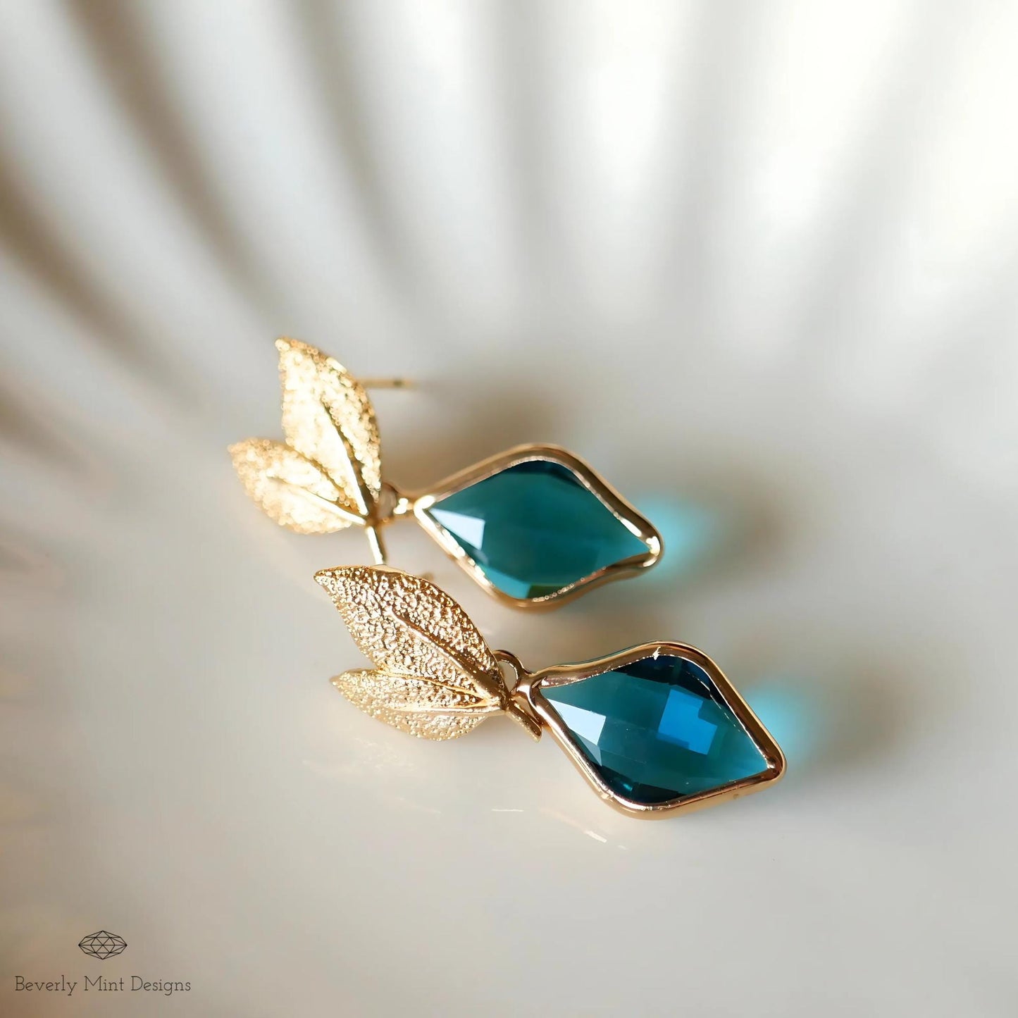 Gold Leaf Earrings, Blue Gemstone Dangle Earrings, Nature-Inspired Jewelry for Women, Something Blue Earrings