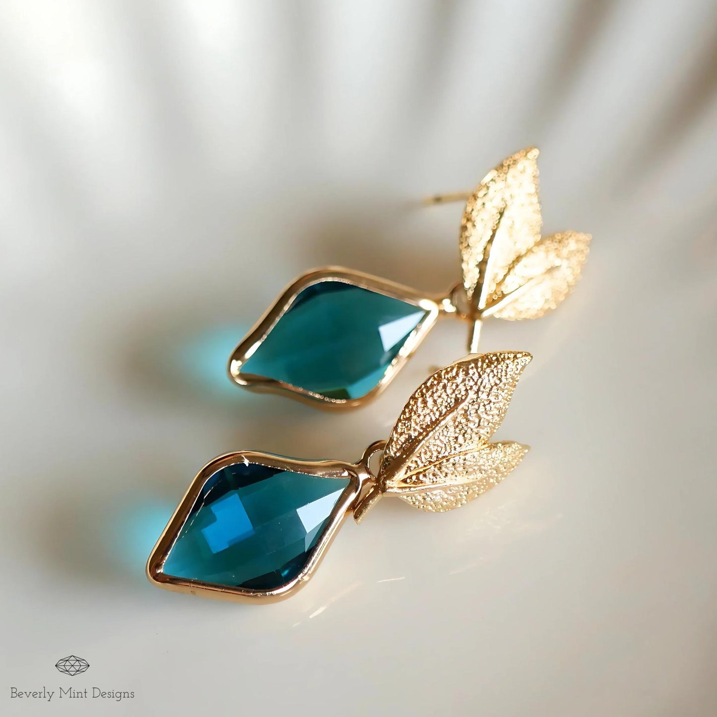 Gold Leaf Earrings, Blue Gemstone Dangle Earrings, Nature-Inspired Jewelry for Women, Something Blue Earrings