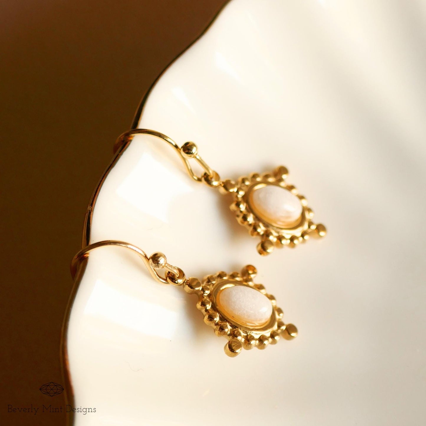 Gold Drop Earrings with White Gemstone, Vintage-Inspired Dangle Earrings, Elegant Jewelry for Weddings, Parties,  Everyday Wear