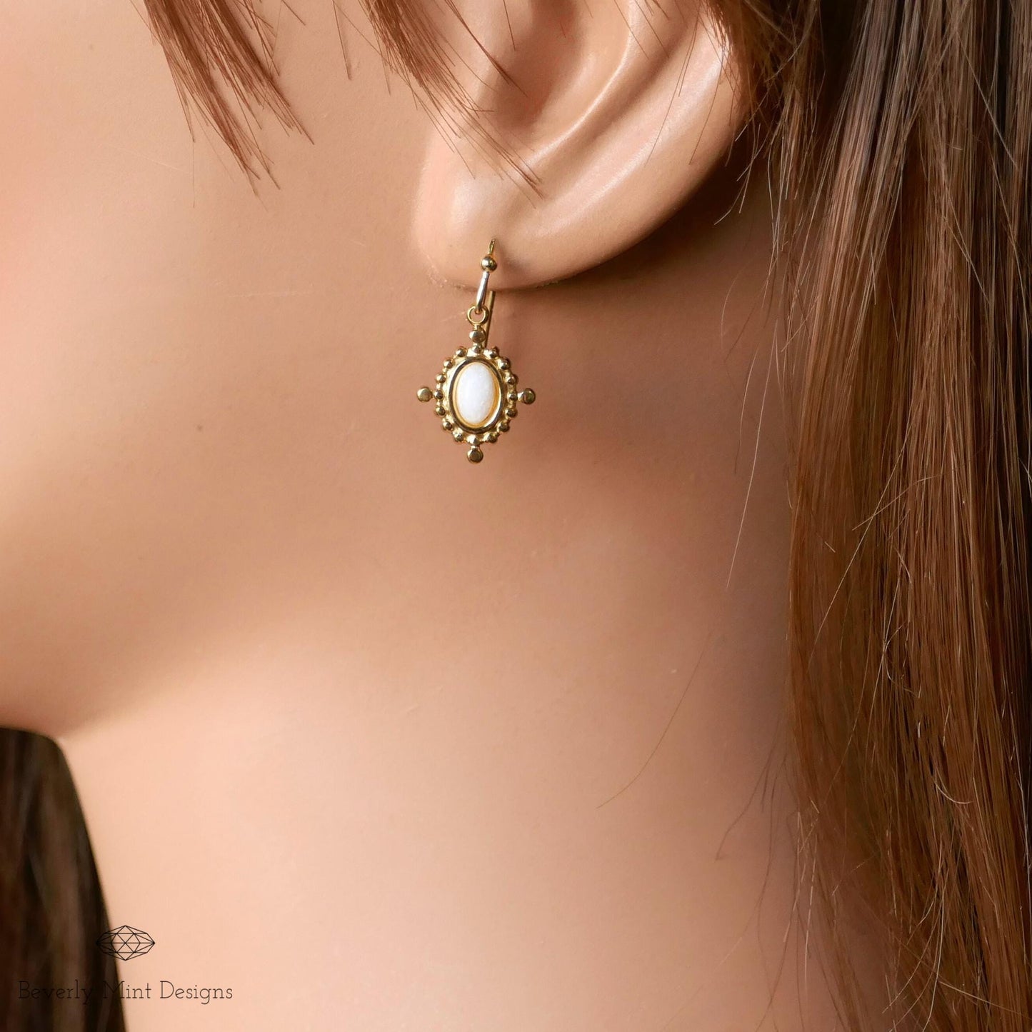 Gold Drop Earrings with White Gemstone, Vintage-Inspired Dangle Earrings, Elegant Jewelry for Weddings, Parties,  Everyday Wear