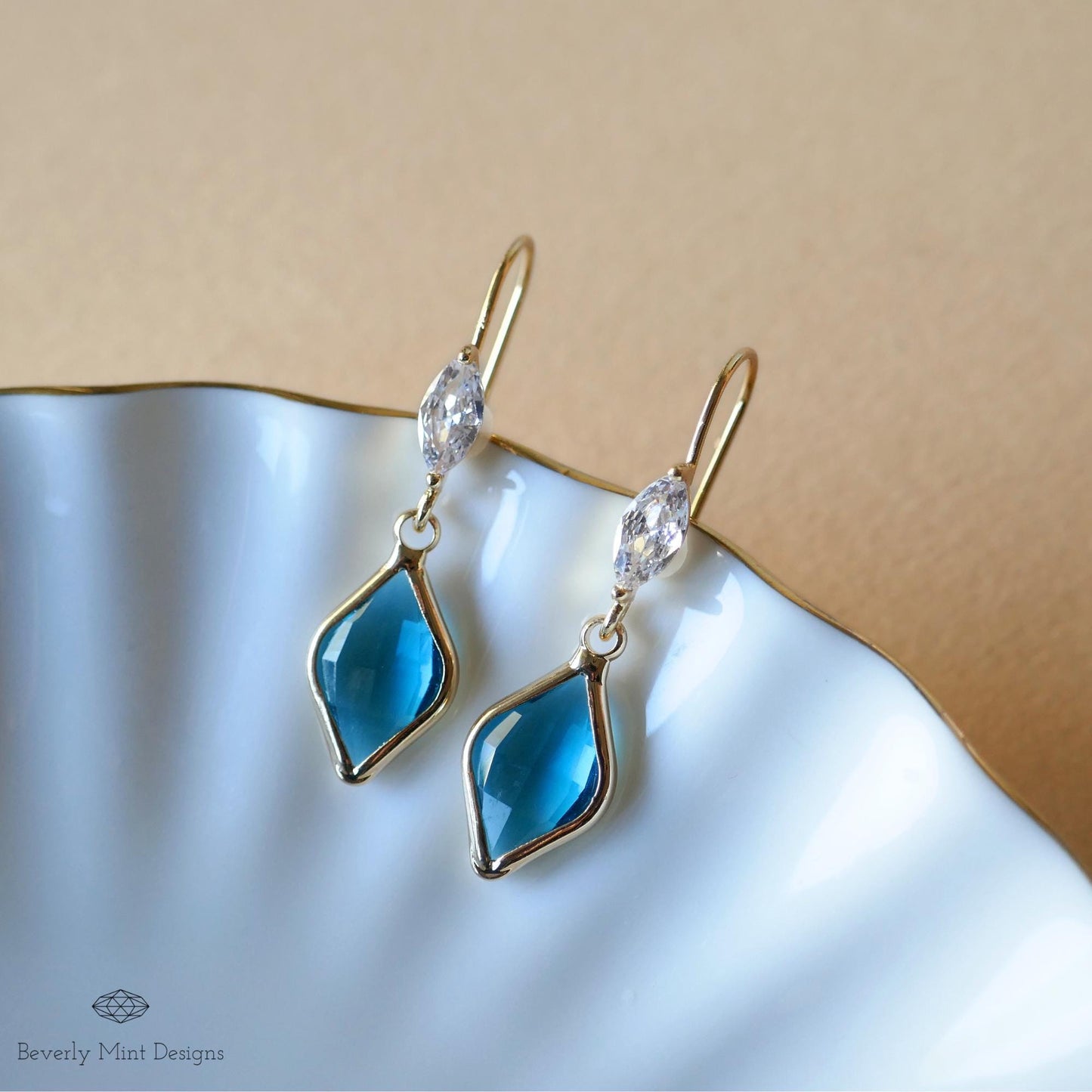 Blue Teardrop Crystal Earrings, Gold Marquise Dangle Earrings, Cubic Zirconia Handmade Jewelry, Gift for Mother, Something Blue Earrings