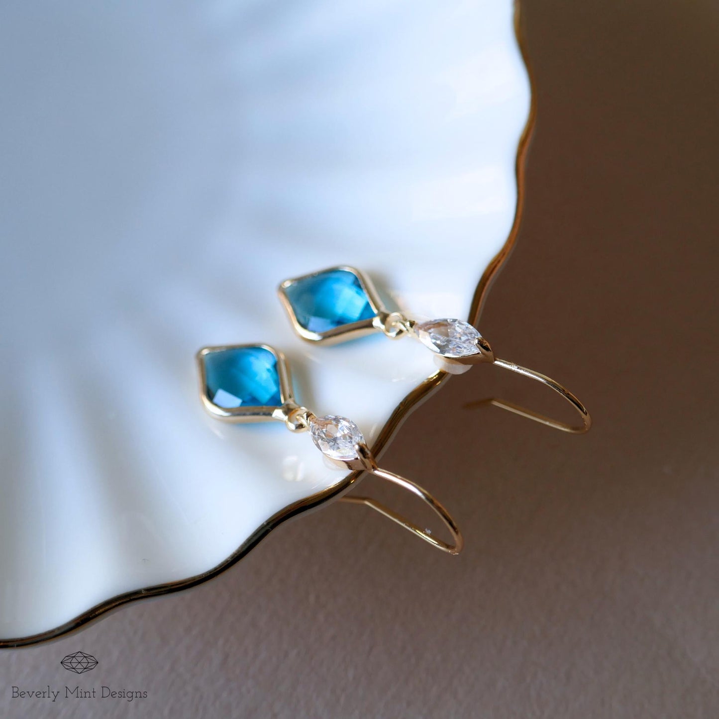 Blue Teardrop Crystal Earrings, Gold Marquise Dangle Earrings, Cubic Zirconia Handmade Jewelry, Gift for Mother, Something Blue Earrings