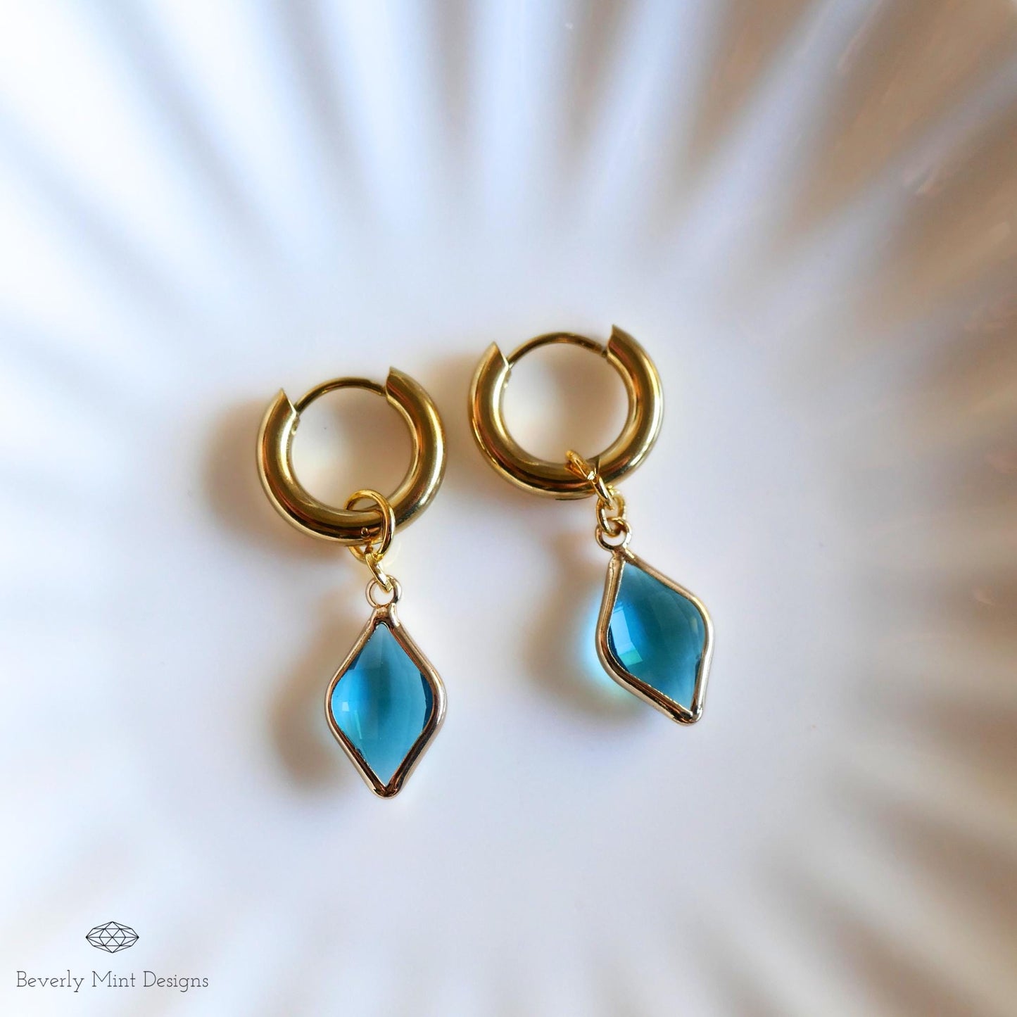 Gold Huggie Earrings with Blue Crystal Charm , Minimalist Drop Earrings ,Blue Stone Earrings for Women , Handmade Gift Jewelry, Gift For Mom