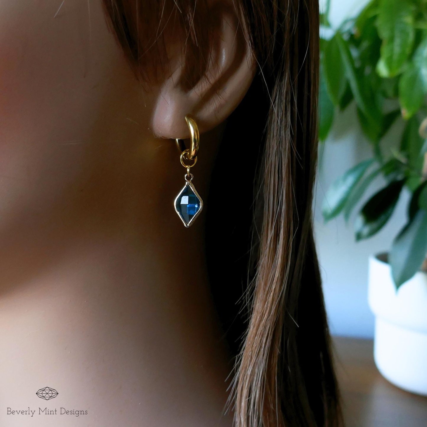 Gold Huggie Earrings with Blue Crystal Charm , Minimalist Drop Earrings ,Blue Stone Earrings for Women , Handmade Gift Jewelry, Gift For Mom