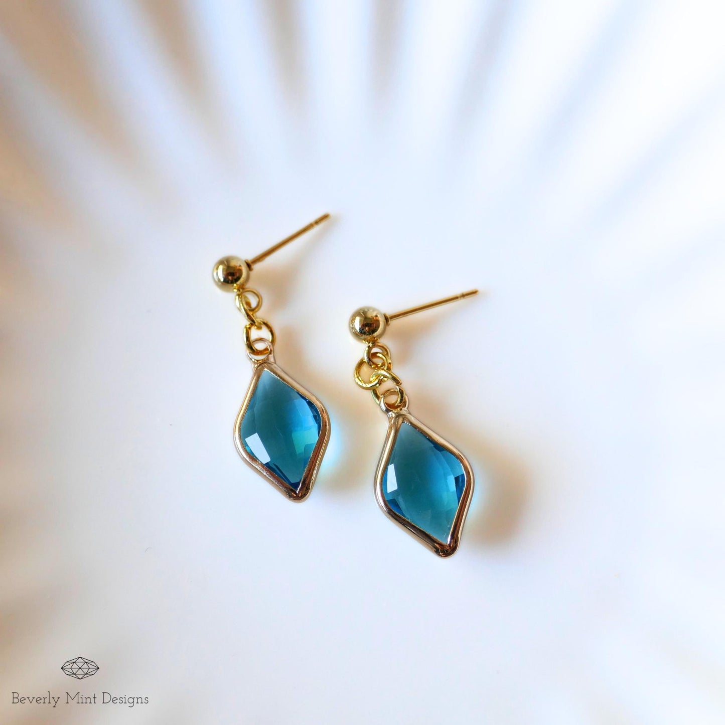 Blue Crystal Stud Earrings , Gold Minimalist Dangle Earrings , Small Drop Earrings for Women ,Something Blue Earrings, Handmade Jewelry Gift