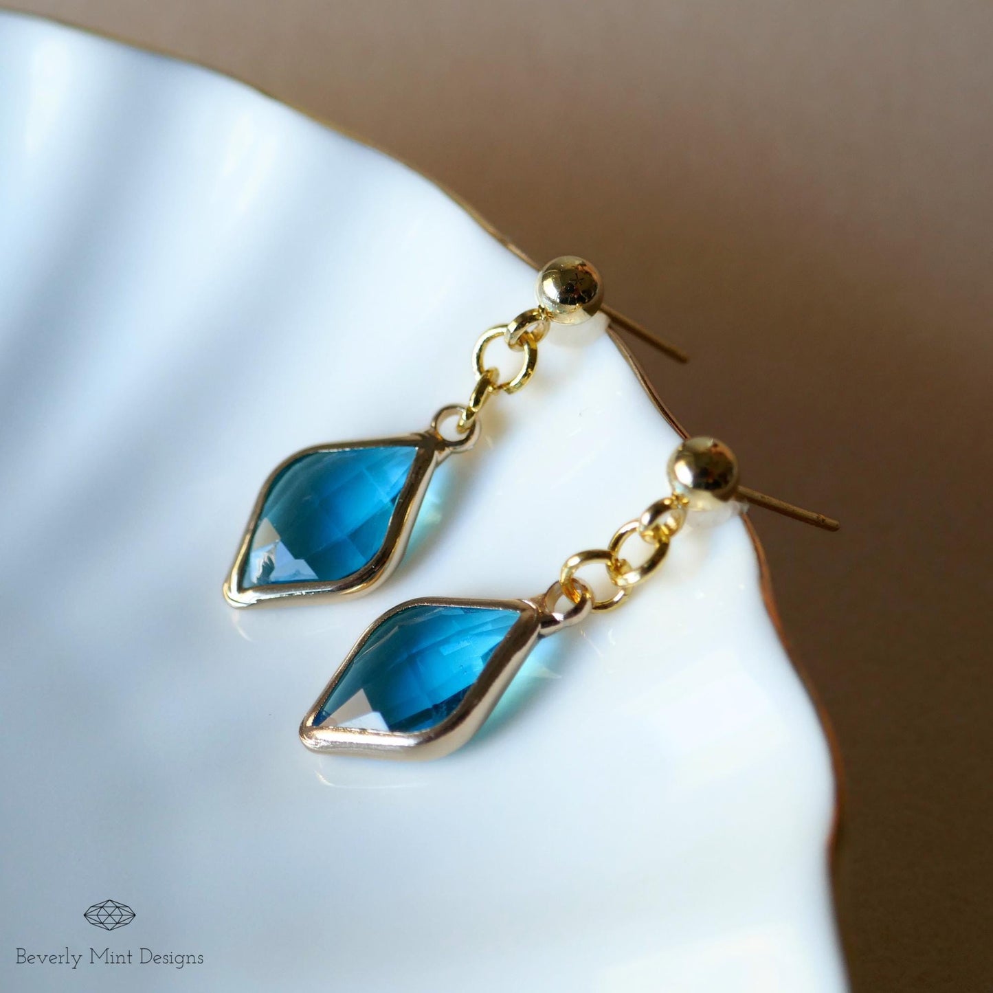 Blue Crystal Stud Earrings , Gold Minimalist Dangle Earrings , Small Drop Earrings for Women ,Something Blue Earrings, Handmade Jewelry Gift