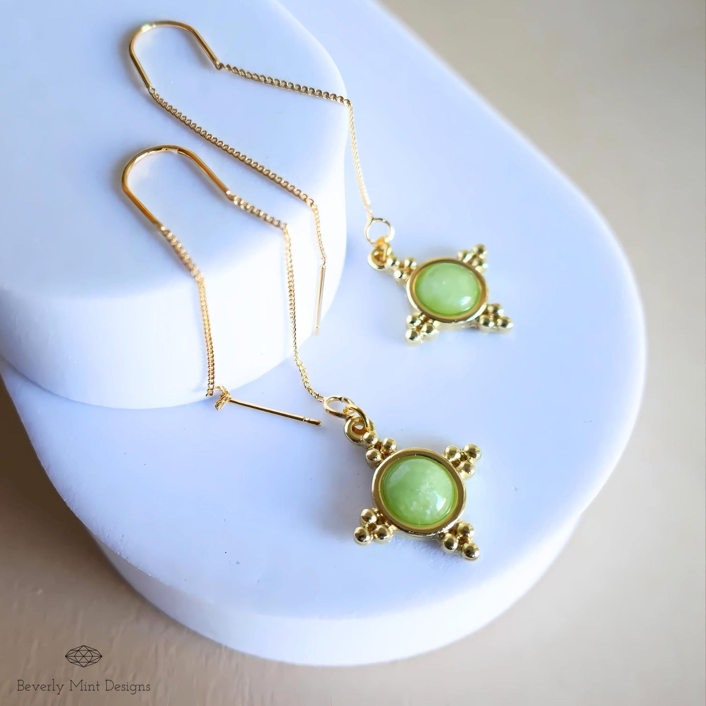 Gold and Green Dangle Earrings with Beaded Accents Boho Chic Handmade Jewelry for Women, Bohemian  threader earrings, Jade Color