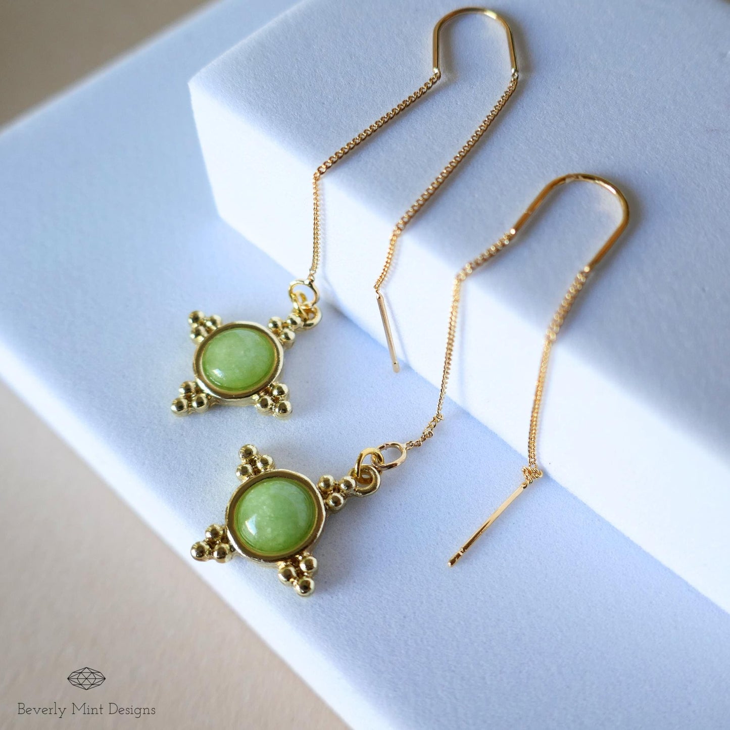Gold and Green Dangle Earrings with Beaded Accents Boho Chic Handmade Jewelry for Women, Bohemian  threader earrings, Jade Color