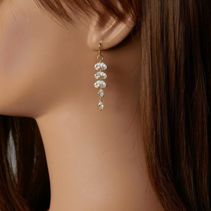 Gold Leaf Crystal Dangle Earrings, Bridal Statement Jewelry, Long Drop Sparkling Earrings, Elegant Wedding Earrings, Gift For Her