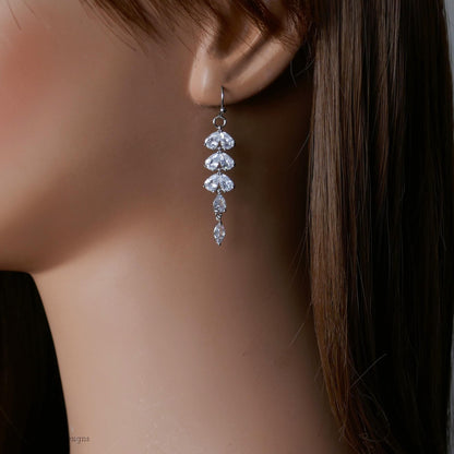 Silver Leaf Crystal Dangle Earrings, Bridal Statement Jewelry, Long Drop Sparkling Earrings, Elegant Wedding Earrings, Gift For Her