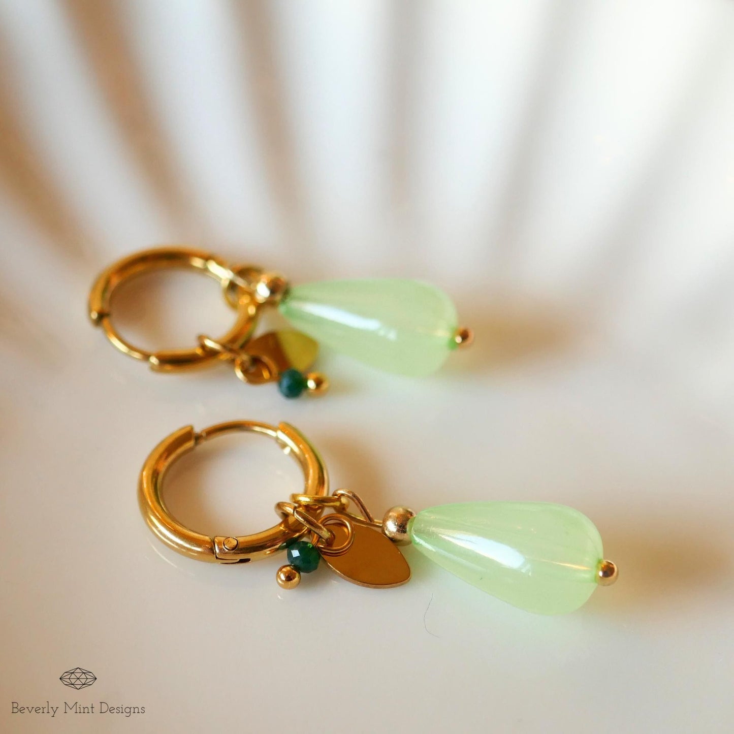 Gold Hoop Earrings with Jade Color Charm, Green Teardrop Earrings, 18K Gold and Green Drop Earrings, Mint Green Earrings, Gift For Her