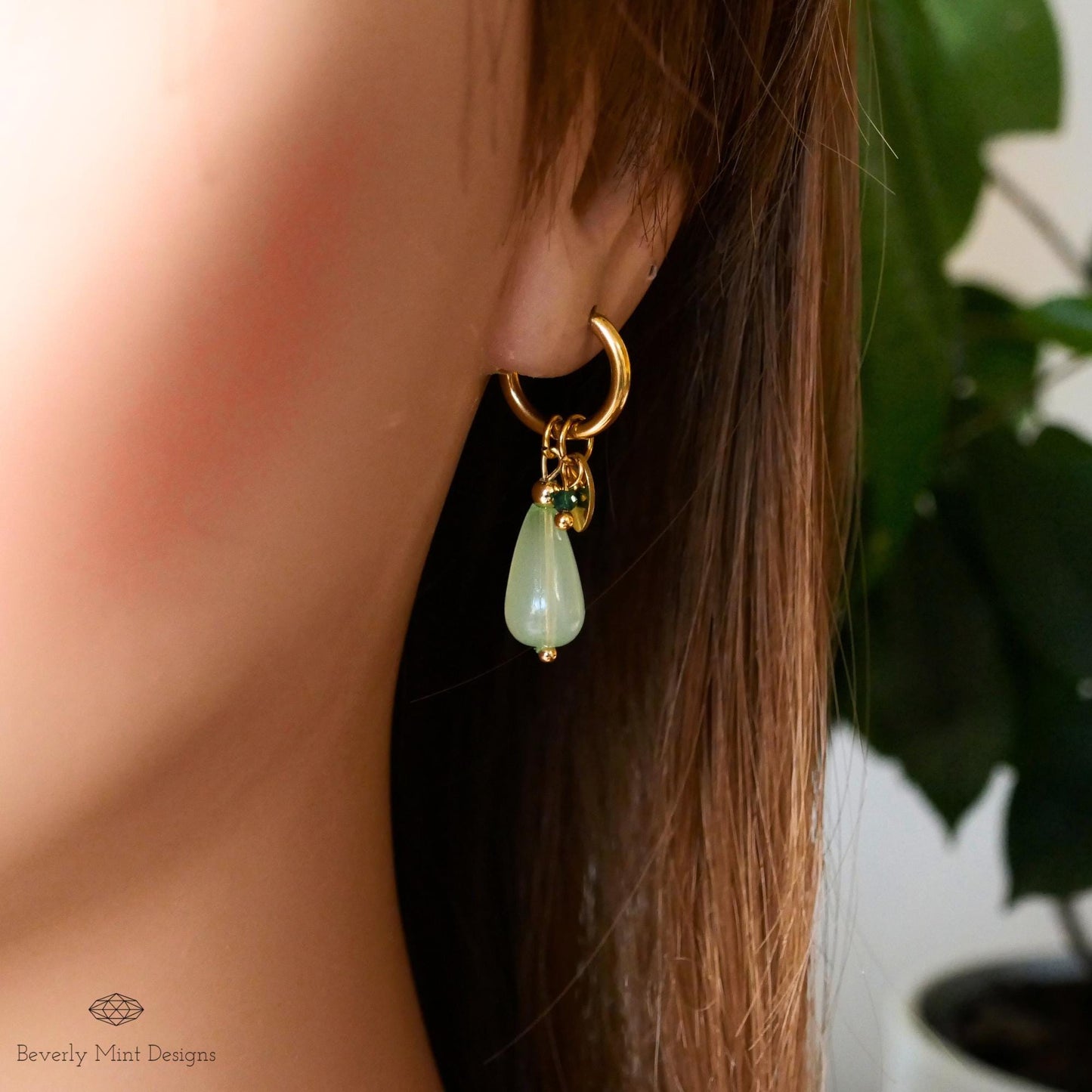 Gold Hoop Earrings with Jade Color Charm, Green Teardrop Earrings, 18K Gold and Green Drop Earrings, Mint Green Earrings, Gift For Her