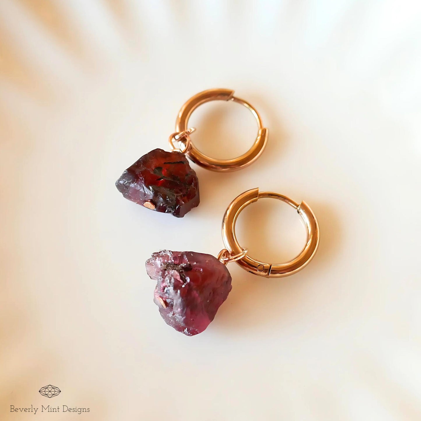 Red Raw Stone Earrings, Rose Gold Huggie Hoop Earrings with January Birthstone, Raw Garnet Stone Earrings , Red Earrings , Chakra Stone Gift