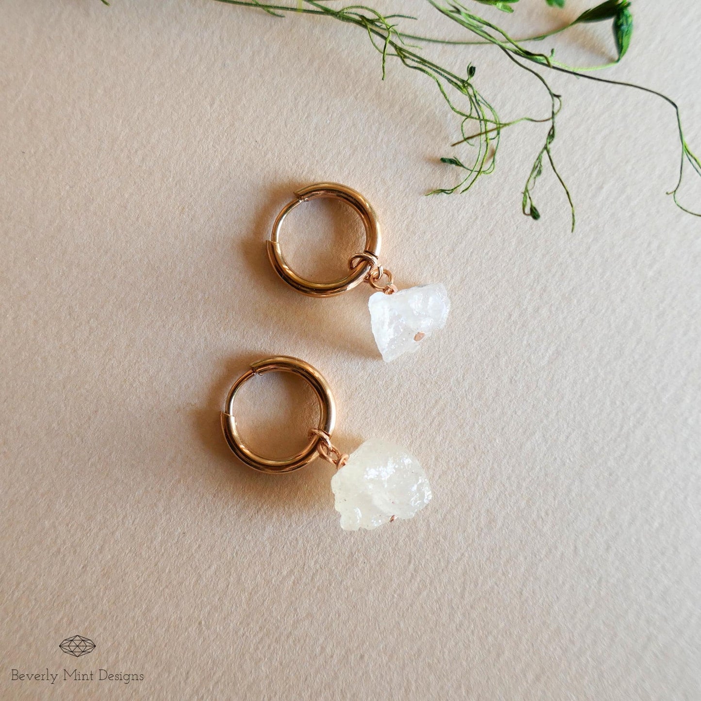 Moonstone Earrings, Rose Gold Huggie Hoop Earrings with June Birthstone, Natural Stone Earrings , Raw Stone, Gift for Her, Gift For Her