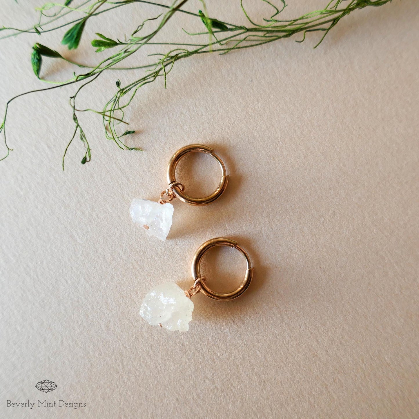 Moonstone Earrings, Rose Gold Huggie Hoop Earrings with June Birthstone, Natural Stone Earrings , Raw Stone, Gift for Her, Gift For Her