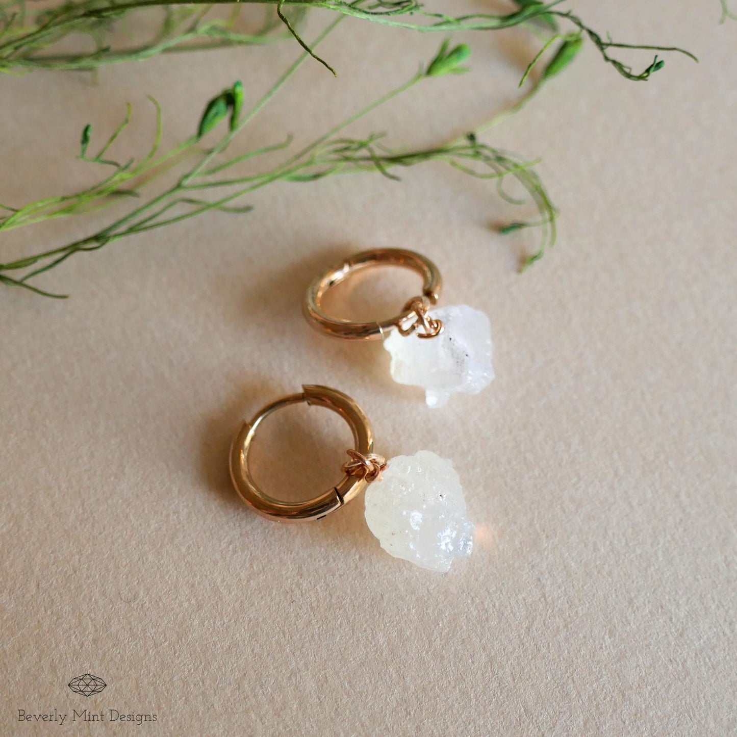 Moonstone Earrings, Rose Gold Huggie Hoop Earrings with June Birthstone, Natural Stone Earrings , Raw Stone, Gift for Her, Gift For Her