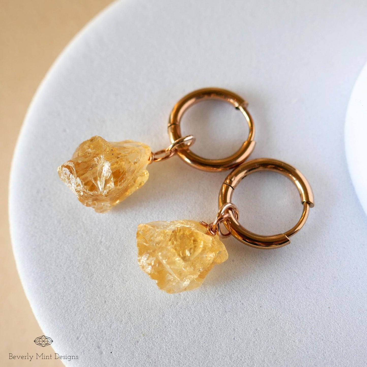 Citrine Earrings, Rose Gold Huggie Hoop Earrings with November Birthstone, Natural Stone Earrings , Chakra Stone, Gift for Her
