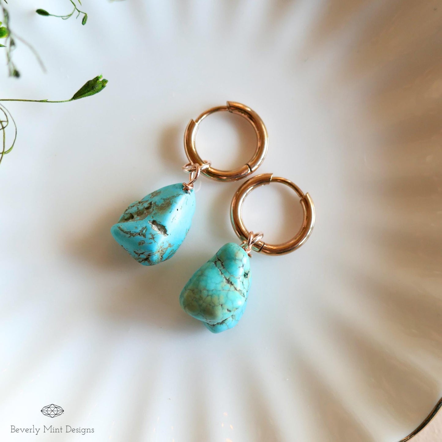 Turquoise Earrings, Rose Gold Huggie Hoop Earrings with December Birthstone, Natural Stone Earrings, Blue Stone, Earrings, Gift for Mother
