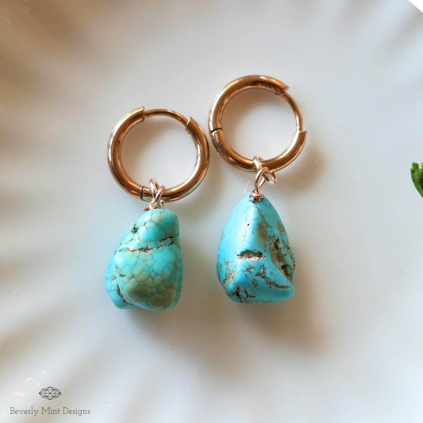 Turquoise Earrings, Rose Gold Huggie Hoop Earrings with December Birthstone, Natural Stone Earrings, Blue Stone, Earrings, Gift for Mother
