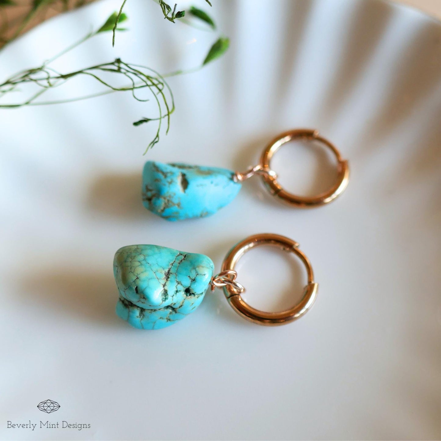 Turquoise Earrings, Rose Gold Huggie Hoop Earrings with December Birthstone, Natural Stone Earrings, Blue Stone, Earrings, Gift for Mother