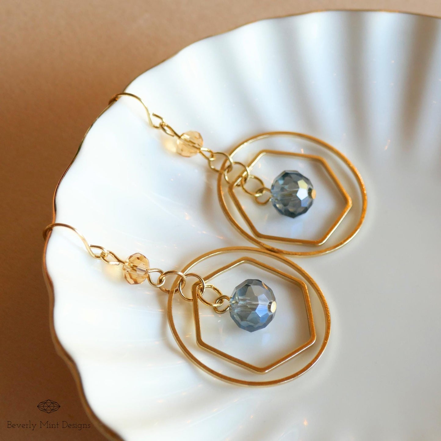 Gold Geometric Dangle Earrings with Blue Beads , Lightweight Dangle Earrings for Gifts, Unique Gift, Gift For Her