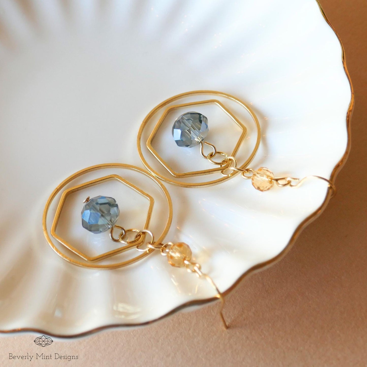 Gold Geometric Dangle Earrings with Blue Beads , Lightweight Dangle Earrings for Gifts, Unique Gift, Gift For Her