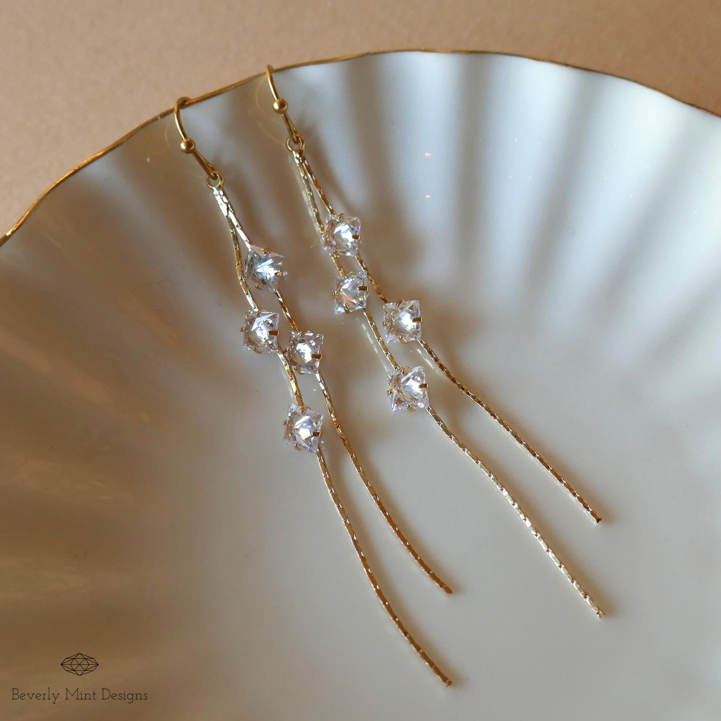 Gold Crystal Long Earrings, Long Dangle Earrings for Women, Minimalist, Elegant Drop Earrings, Wedding Jewelry, Bridesmaids Gift