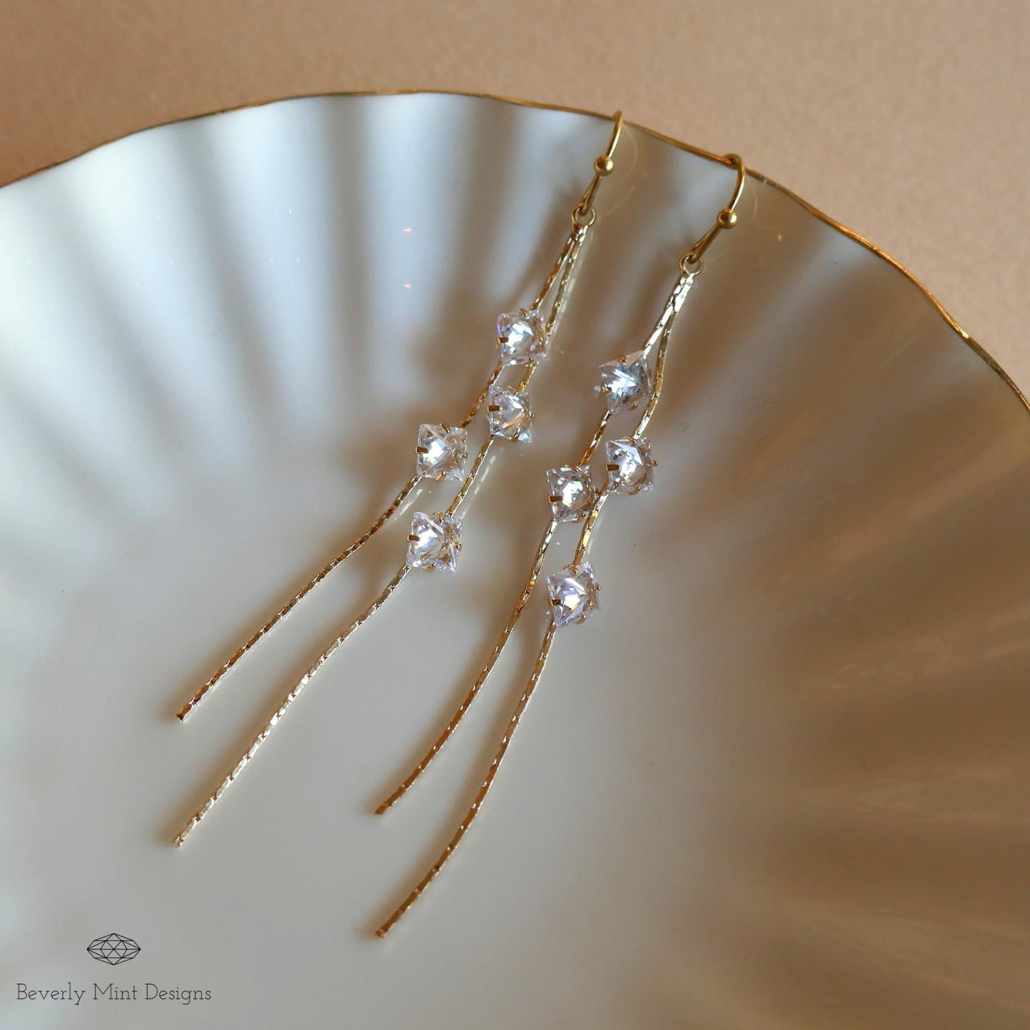 Gold Crystal Long Earrings, Long Dangle Earrings for Women, Minimalist, Elegant Drop Earrings, Wedding Jewelry, Bridesmaids Gift