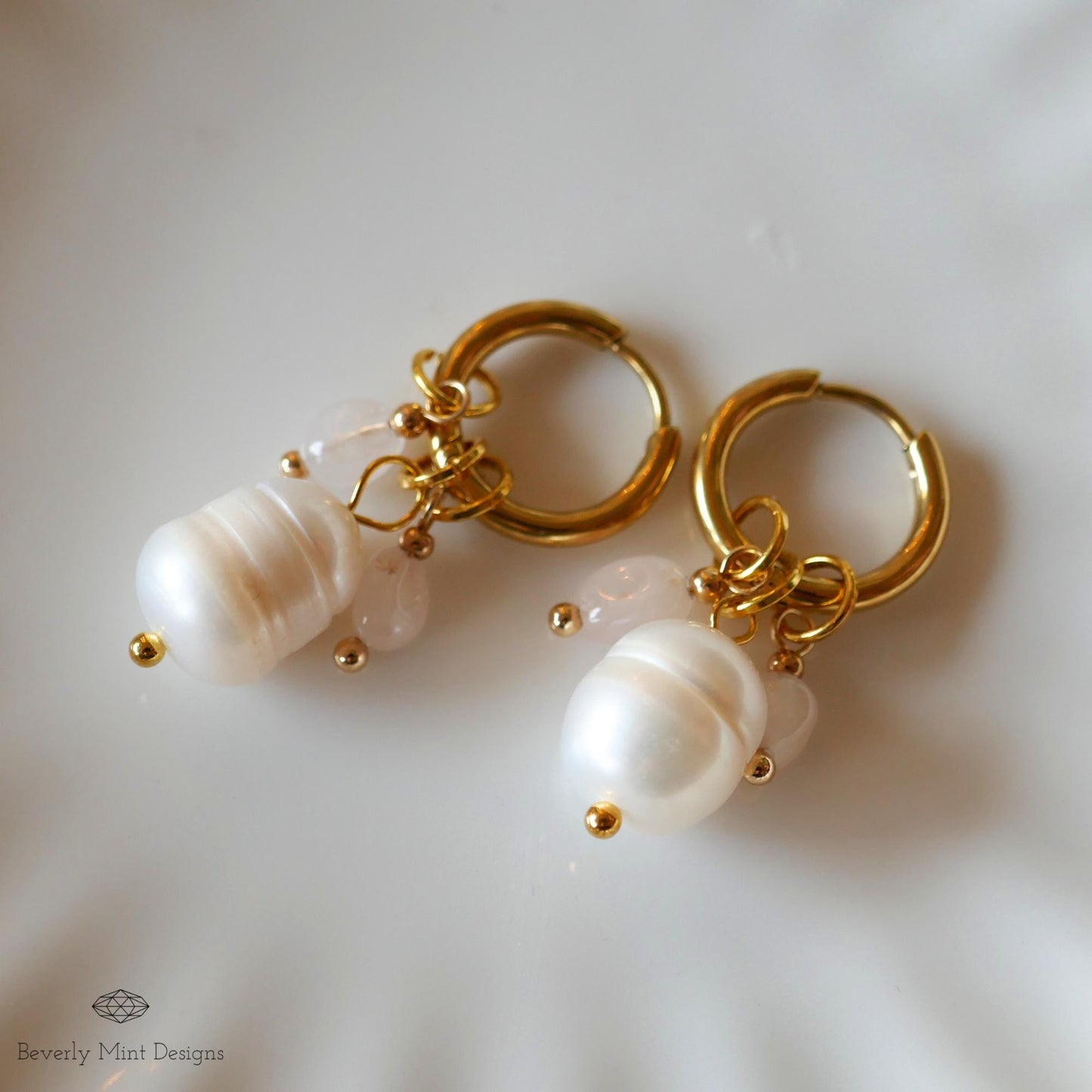 Gold Hoop Earrings with Pearls and Tiny Rose Crystals, Handmade Dangle Jewelry, Gold and Pearl Earrings, Unique Earrings, Gift For Her