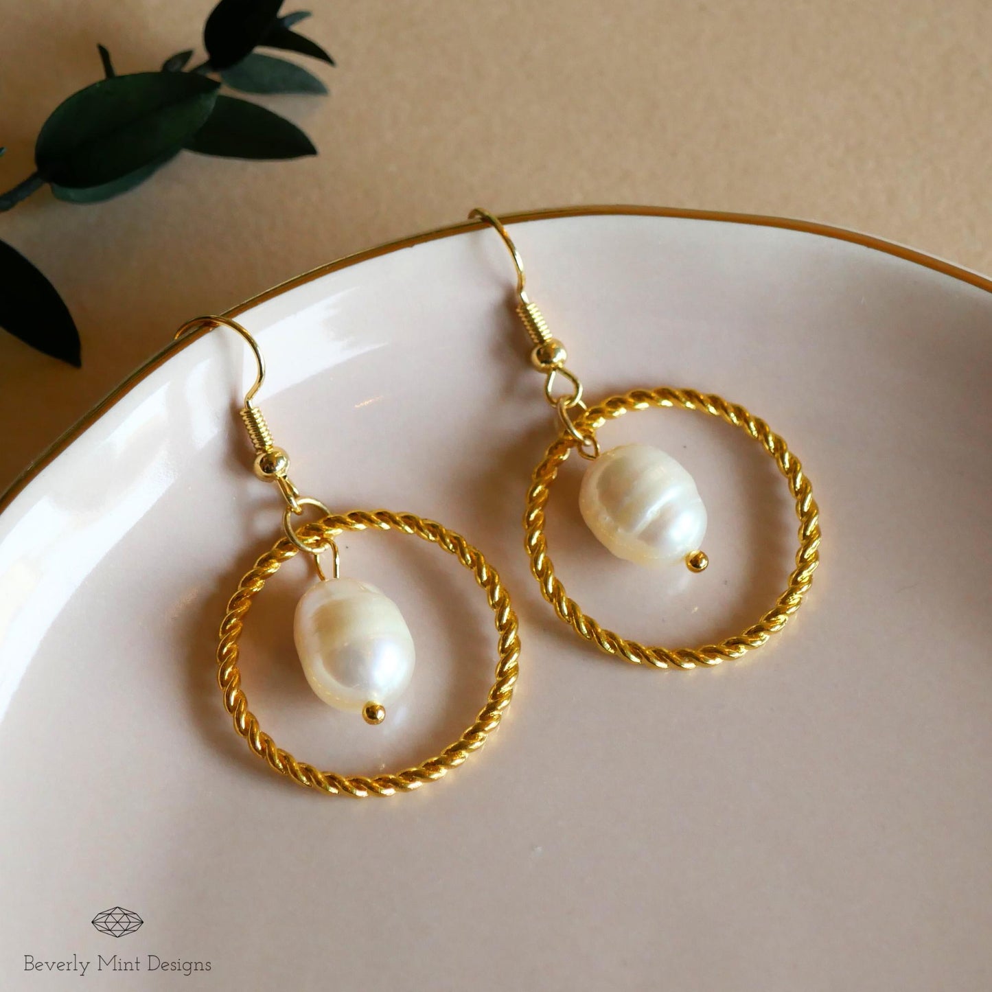 Baroque Pearl and Twisted Gold Hoop Earrings , Elegant Dangle Pearl Earrings, Modern Statement Jewelry , Gift For Her , Wedding Gift Jewelry