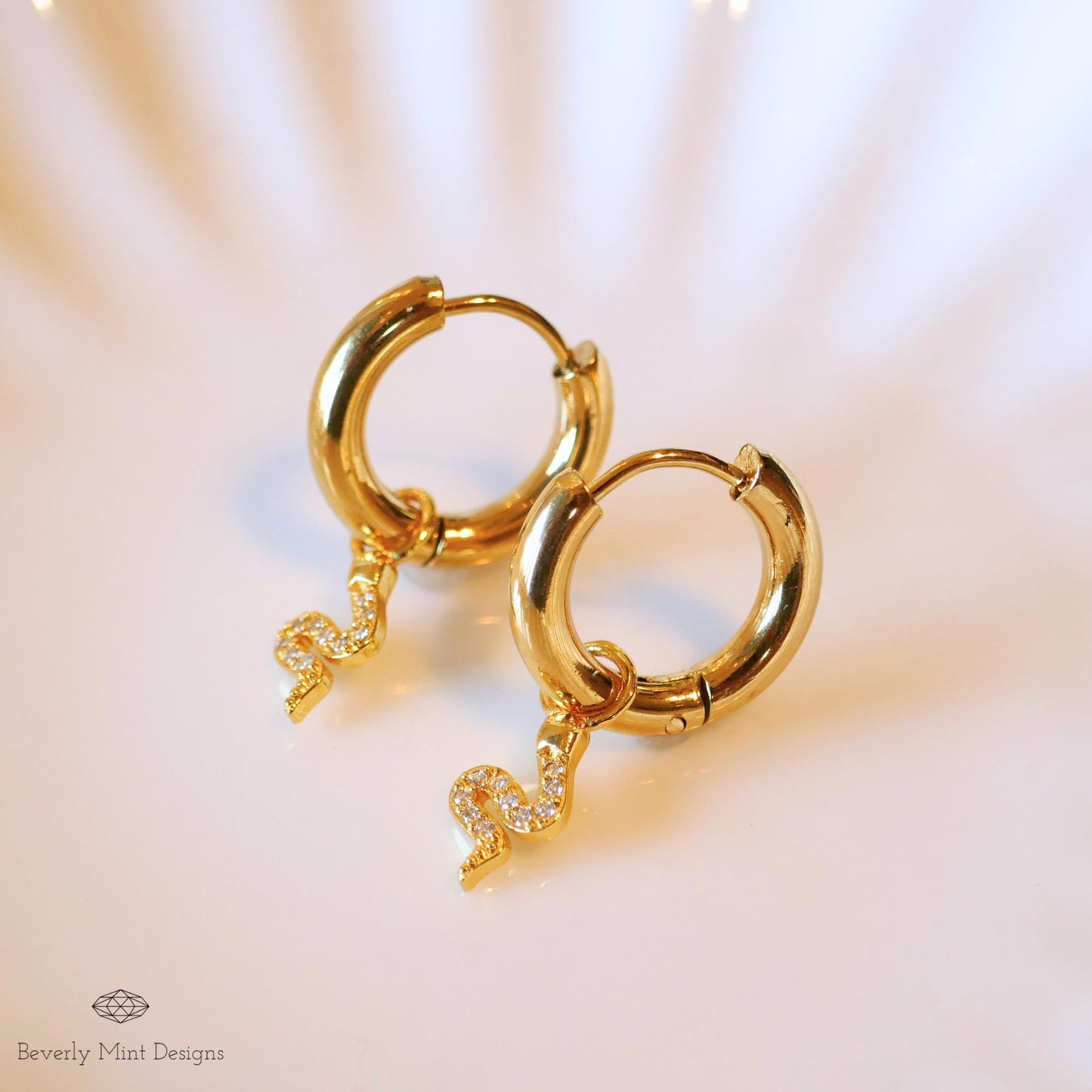 Gold Snake Hoop Earrings, Dainty Serpent Jewelry, Minimalist Dangle Hoops for Women, Sparkly Cubic Zirconia Earrings, Trendy Animal Earrings