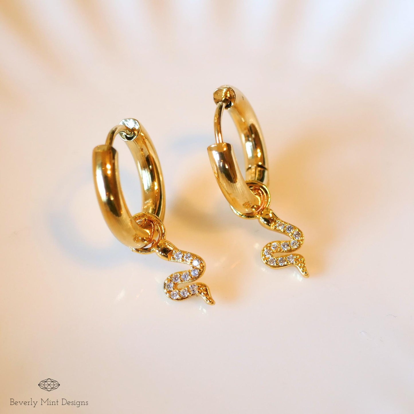 Gold Snake Hoop Earrings, Dainty Serpent Jewelry, Minimalist Dangle Hoops for Women, Sparkly Cubic Zirconia Earrings, Trendy Animal Earrings