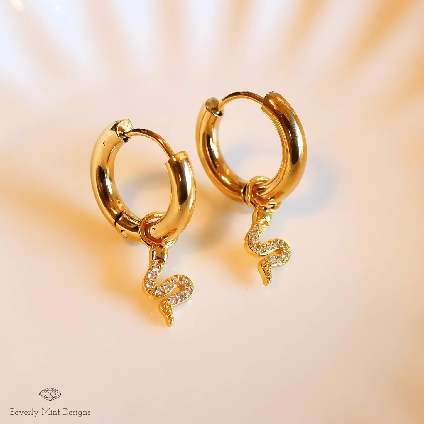 Gold Snake Hoop Earrings, Dainty Serpent Jewelry, Minimalist Dangle Hoops for Women, Sparkly Cubic Zirconia Earrings, Trendy Animal Earrings