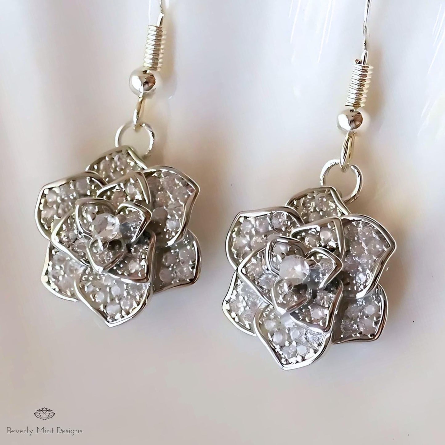 Rose Earring Silver Dangle Earring, Sparkling Crystal Flower Drop Earrings , 925 Sterling Silver Cubic Zirconia Earrings, Silver Earrings