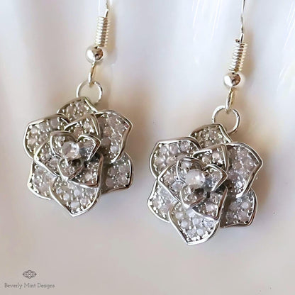 Silver Rose Earring with Cubic Zirconia