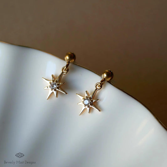 Gold Starburst Dangle Earrings, Minimalist Star Jewelry, Celestial Drop Earrings, Dainty Gold Earrings, Gift for Her, Gift For Her