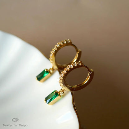 Gold Pave Hoop Earrings, Green Gemstone Drop Earrings, Dainty Huggie Hoops, Minimalist Jewelry for Women, Elegant Gift for Her