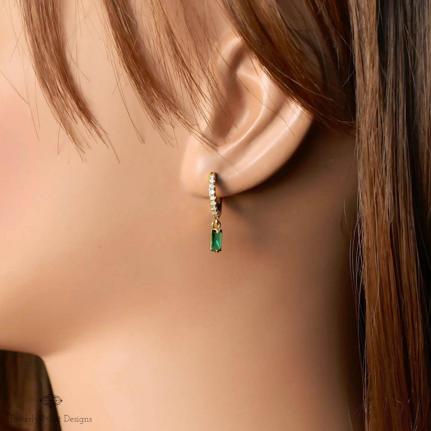 Gold Pave Hoop Earrings, Green Gemstone Drop Earrings, Dainty Huggie Hoops, Minimalist Jewelry for Women, Elegant Gift for Her