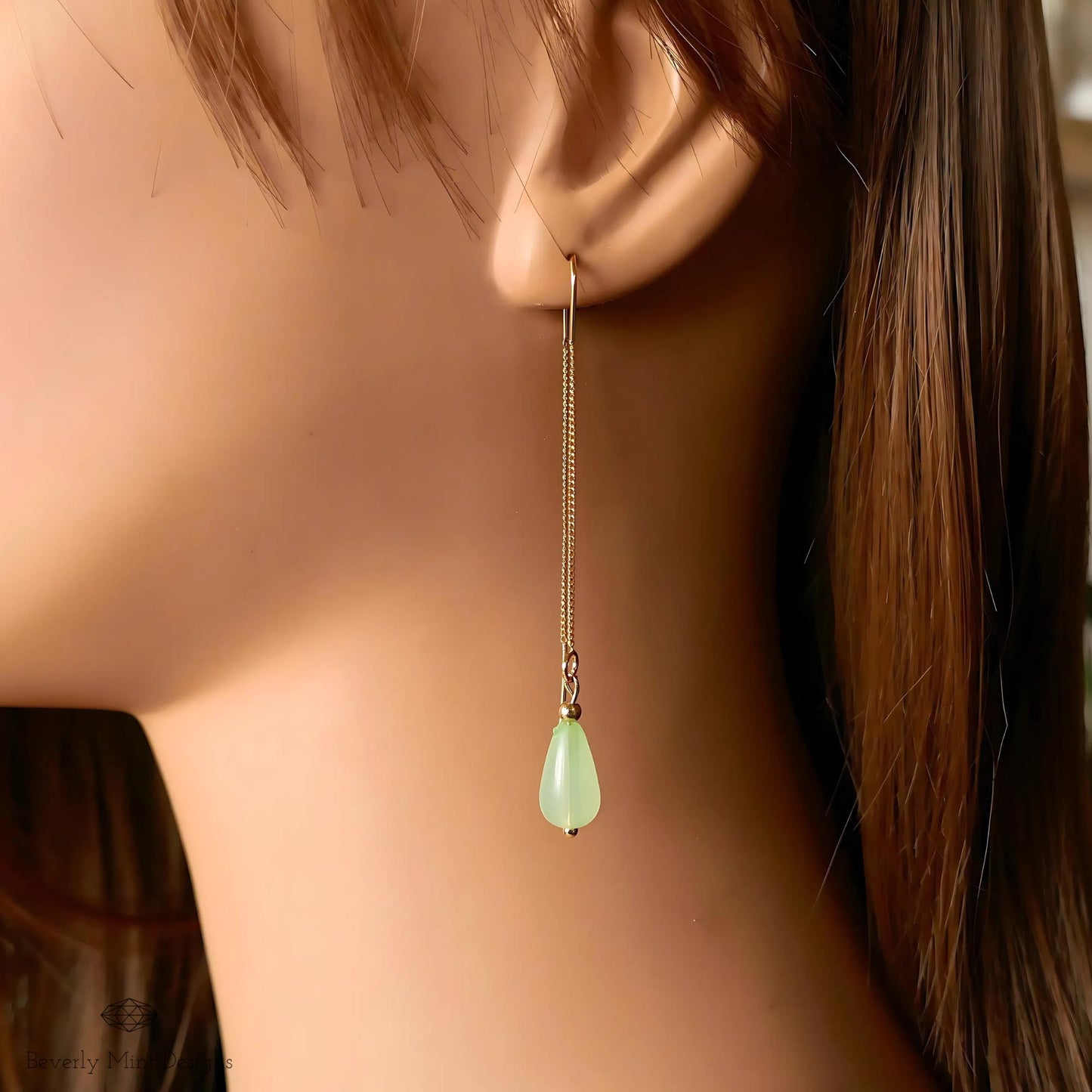 Jade Color Teardrop Earrings, Gold Threader Earrings, Green Teardrop Dangle Earrings, Minimalist Long Chain Earrings, Lightweight