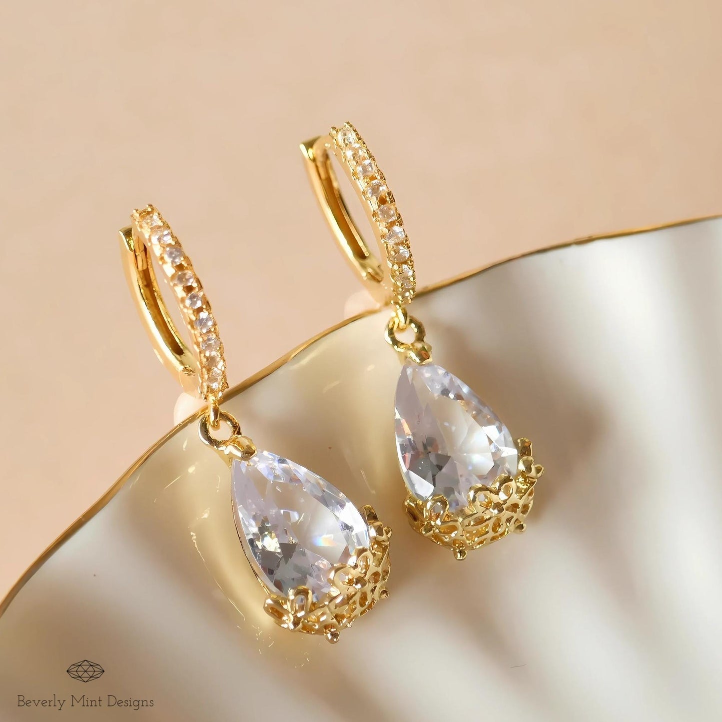 Gold Pave Hoop Earrings, Teardrop Crystal Dangle Earrings, Elegant Bridal Jewelry, Floral Drop Earrings for Women, Gift for Her