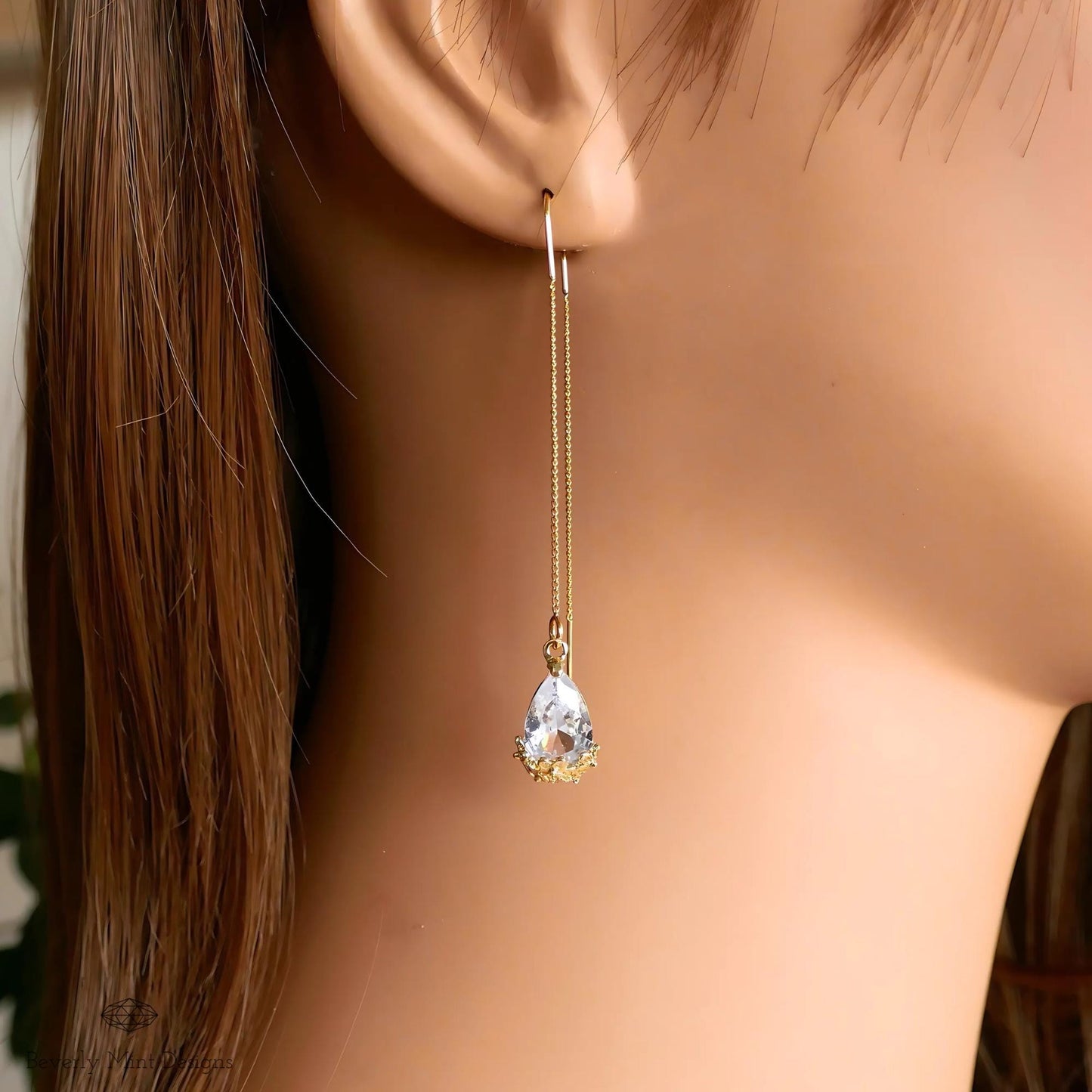 Gold Threader Earrings, Teardrop Crystal Dangle Earrings, Elegant Floral Jewelry for Women, Minimalist Wedding Earrings, Gift for Her