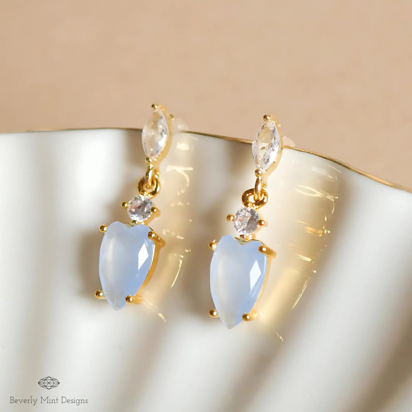 14K Gold Filled Dainty Earrings with Pale Blue Charm, Small Light Blue Teardrop Earrings, Gold Marquise Cut Crystal Earrings