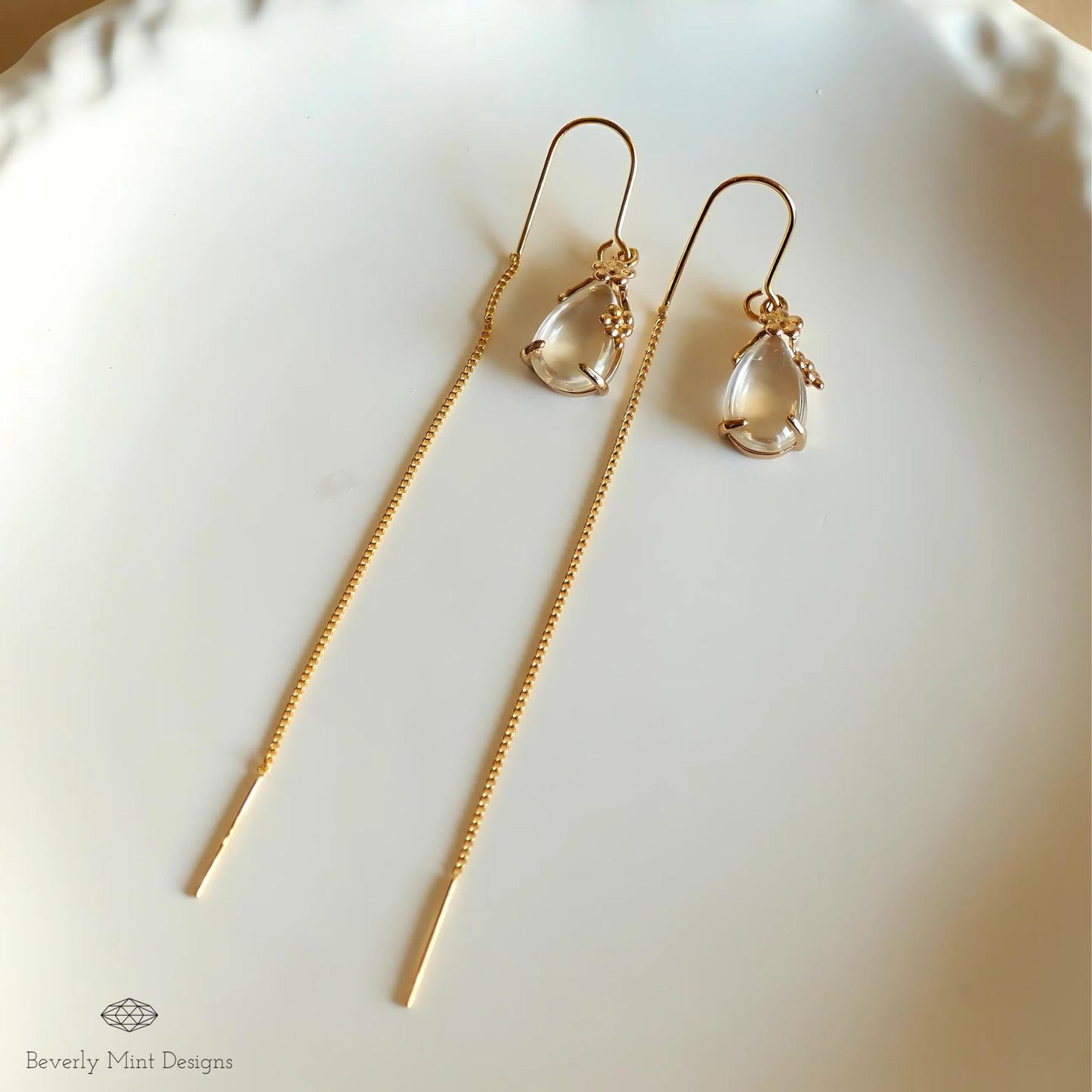 Gold Threader Earrings, Teardrop Dangle Earrings, Floral Long Chain Earrings, Minimalist Jewelry for Women, Gift for Her, Gift For Her