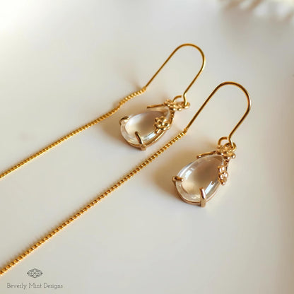 Gold Threader Earrings, Teardrop Dangle Earrings, Floral Long Chain Earrings, Minimalist Jewelry for Women, Gift for Her, Gift For Her