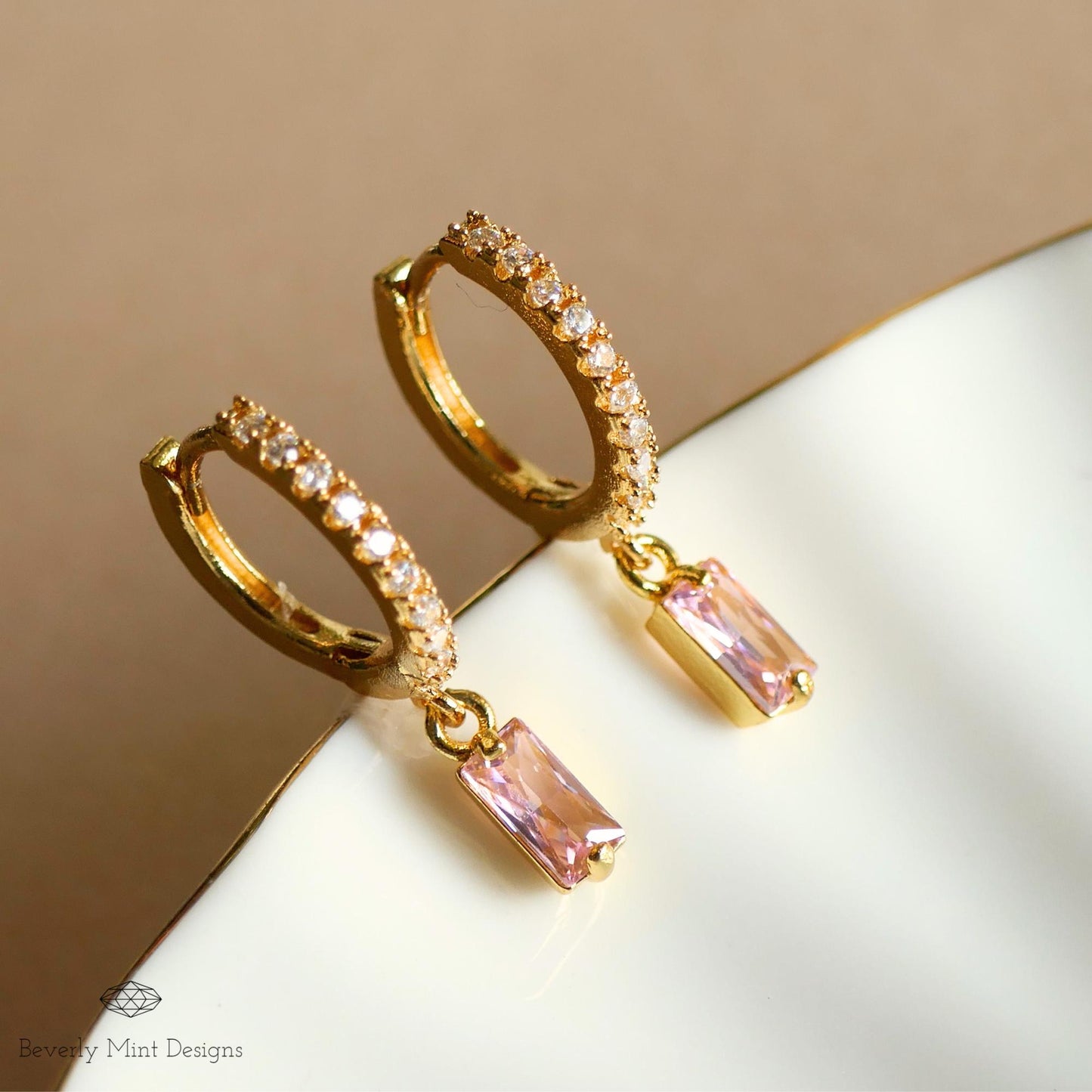 Gold Pave Hoop Earrings, Pink Stone Dangle Earrings, Minimalist Jewelry for Women, Elegant Wedding Earrings, Gift for Her, Gift For Her