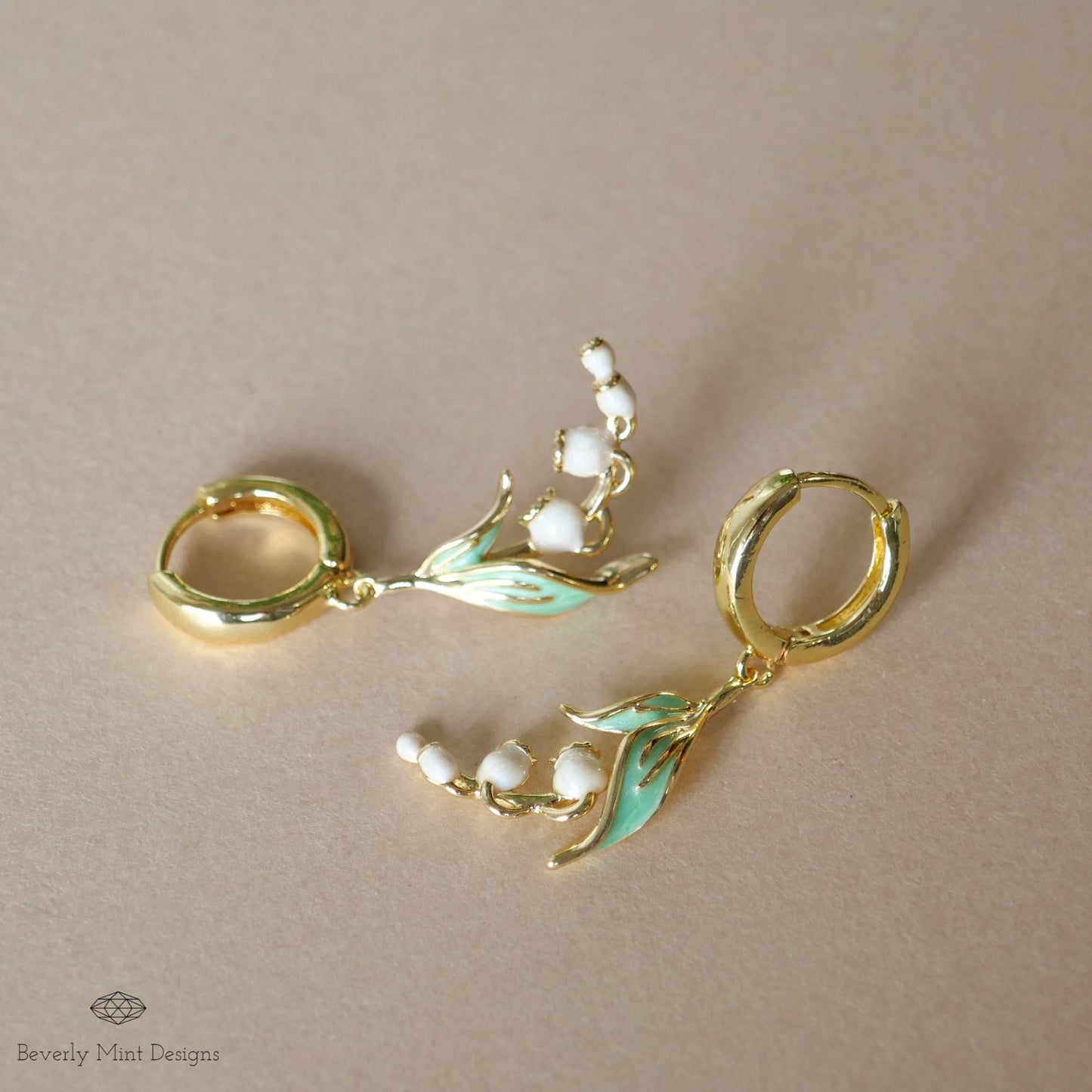 Huggie Floral Earrings, Gold Lily Of The Valley Dangle Earrings, Birth Flower for May,  Nature-Inspired Jewelry, Botanical Earrings, Gift