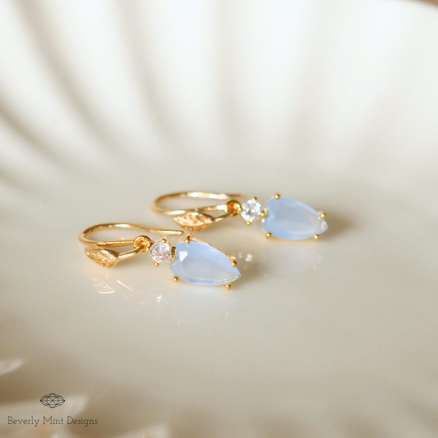 Blue Earrings, Tiny Leaf Earrings with Pale Blue Stone, Nature-Inspired Minimalist Jewelry, Elegant Gift for Her, Gift For Her