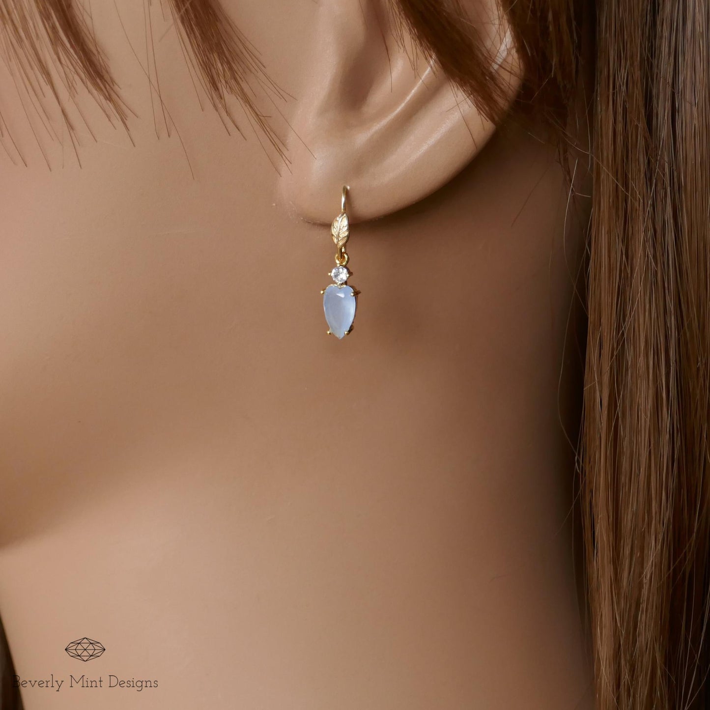 Blue Earrings, Tiny Leaf Earrings with Pale Blue Stone, Nature-Inspired Minimalist Jewelry, Elegant Gift for Her, Gift For Her